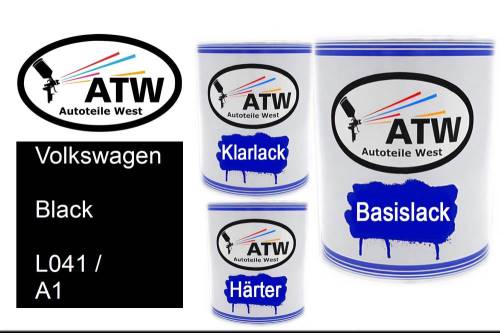 Volkswagen, Black, L041 / A1: 1L Lackdose + 1L Klarlack + 500ml Härter - Set, von ATW Autoteile West.